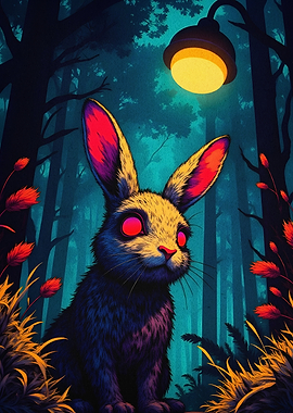 Neon Bunny Forest Surreal Art