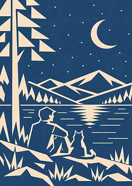 Minimalist Night Landscape with Person and Cat