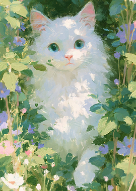 Fluffy White Cat in Garden