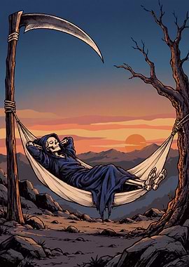 Grim Reaper Relaxing in a Hammock