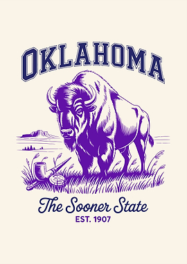 Oklahoma The Sooner State Bison Illustration