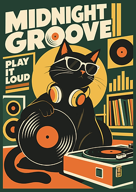 Midnight Groove Retro Cat Poster