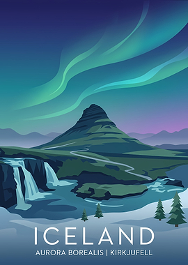 Iceland Aurora Borealis Kirkjufell Travel Poster