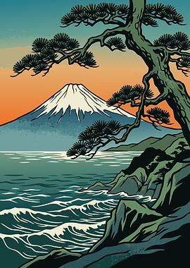 Mount Fuji and Pine Tree Landscape