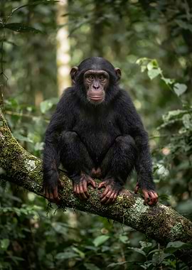 Chimpanzee Perched on Mossy Branch
