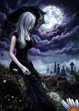 Gothic Woman with Parasol in Cemetery