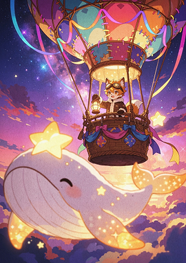 Fox Balloon Sky Whale Fantasy Art