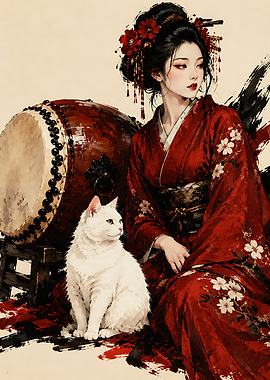 Geisha with White Cat and Drum