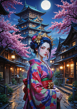 Geisha Cherry Blossom Night Art