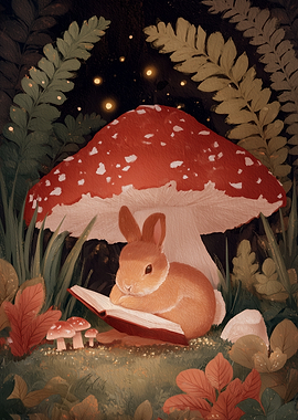 Cute Rabbit Reading Under Mushroom
