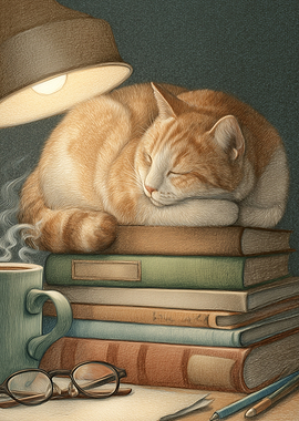Ginger Cat Sleeping on Books