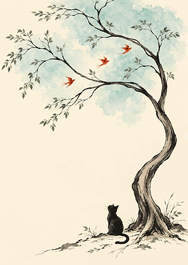 Black Cat Watching Red Birds