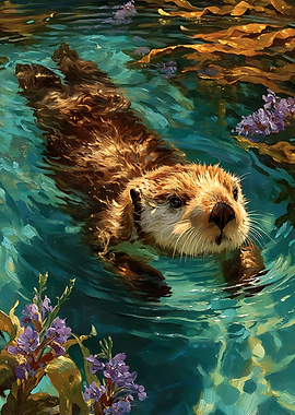 Oil Painting of a Swimming Otter