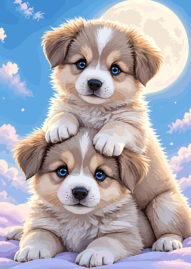Two Cute Puppies Under Full Moon