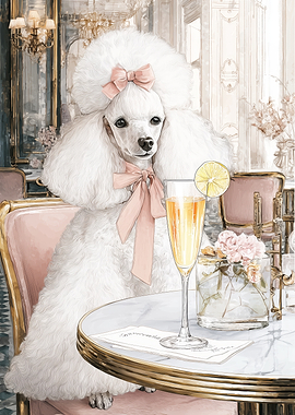 Elegant White Poodle at Cafe