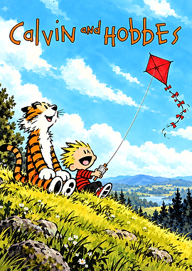 Calvin and Hobbes Flying a Kite