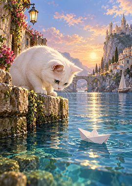 Cat Watching Paper Boat