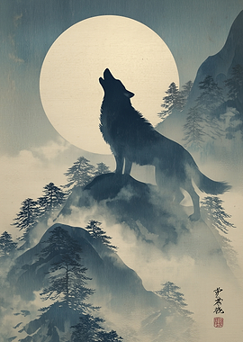 Wolf Howling at Moon Japanese Art