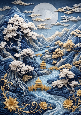 Blue and Gold Asian Landscape Art