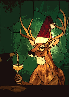 Stained Glass Deer Drinking Champagne