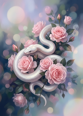White Snake Coiled Among Pink Roses