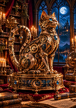 Steampunk Mechanical Cat Statue