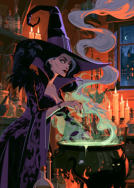 Witch Brewing Potion in Dark Workshop