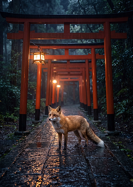 Fox in the Rainy Torii Path