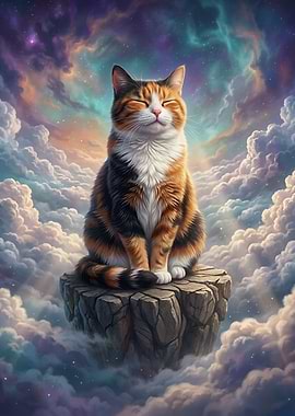 Calico Cat Meditating on Floating Rock