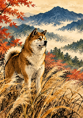 Akita Dog in Autumn Landscape