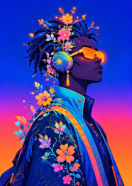 Neon Floral Cyberpunk Portrait