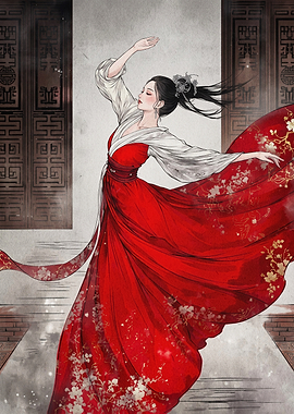 Chinese Woman Red Dress Art Poster