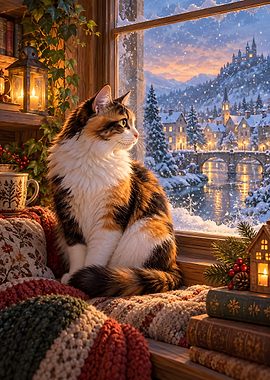 Calico Cat Watching Winter Village