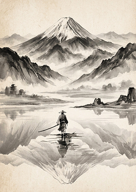 Samurai Mountain Ink Art Poster