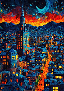 Starry Cityscape Impasto Art Poster