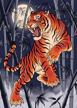 Scarred Tiger in the Moonlit Bamboo Forest - Japanese Irezumi