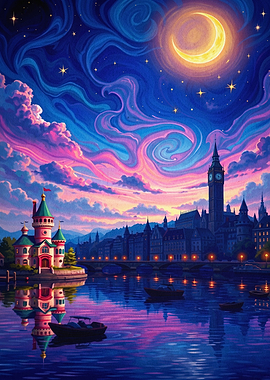 London Nightscape Starry Night Art