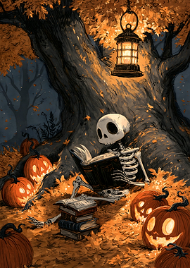 Reading Skeleton Under Autumn Tree - Cozy Cottagecore Halloween Art