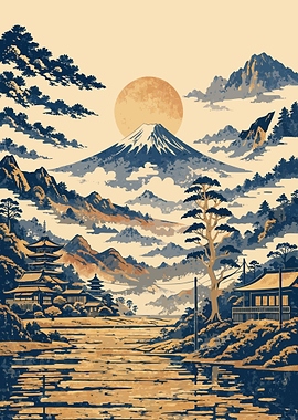 Mount Fuji and Traditional Japanese Temple