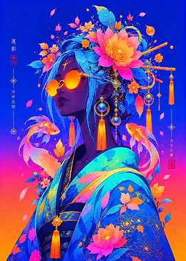 Neon Cyberpunk Geisha with Lotus Flowers