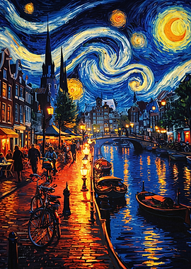 Starry Night Canal Town Art Poster