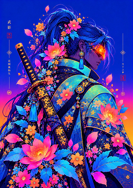 Cyberpunk Samurai with Neon Flowers