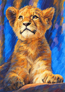 Impressionist Oil Painting of Lion Cub