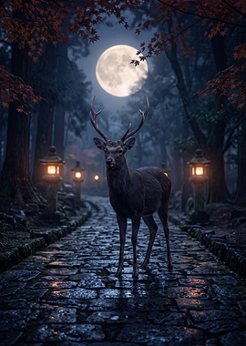 Deer in Nara Under the Moonlight