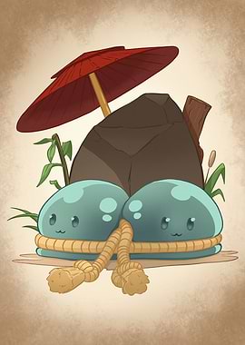 Cute Slime Duo with Red Umbrella