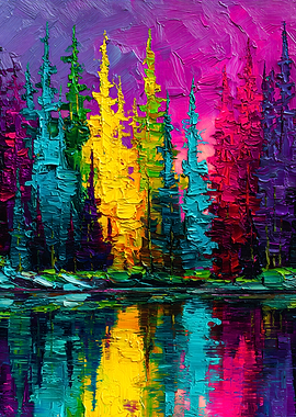 Vibrant Impasto Forest Reflected in Neon Lake