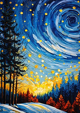 Starry Night Forest Winter Art