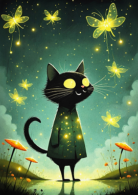 Magical Cat Fireflies Fantasy Art