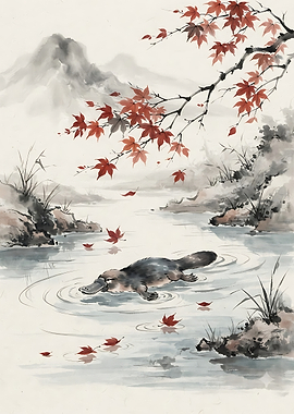 Platypus Swimming in Autumn Stream