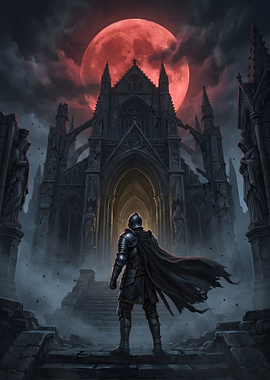Knight Facing a Dark Gothic Cathedral